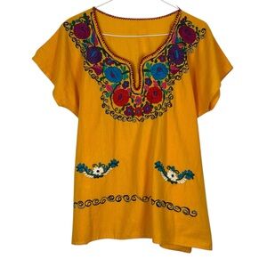 Vintage Mexican Yellow Embroidered Blouse Floral Boho Peasant Top Size Medium